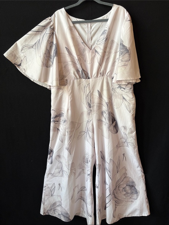 Pants - Light Cream Floral V-Neck Wide-Leg Jumpsuit